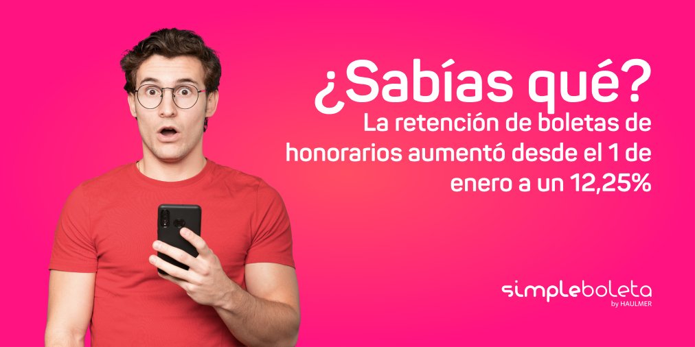SimpleBoleta's tweet photo. ¿Cuánto es la retención en boletas de honorarios? 🤔 Tras la modificación que comenzó el 1 de enero, cada vez que emitas una boleta de honorarios, la retención será de 12,25% 🧾🧾
.
#Simpleboleta #BoletaElectrónica #Inventario #Catálogo
#puntodeventa #proveedores #negocio https://t.co/WI8F1wLDIv