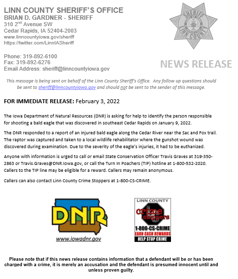LinnIASheriff's tweet photo. The @iowadnr is asking for help to identify the person responsible for shooting a bald eagle that was discovered in southeast Cedar Rapids on January 9, 2022. https://t.co/H4YeBOcXtp