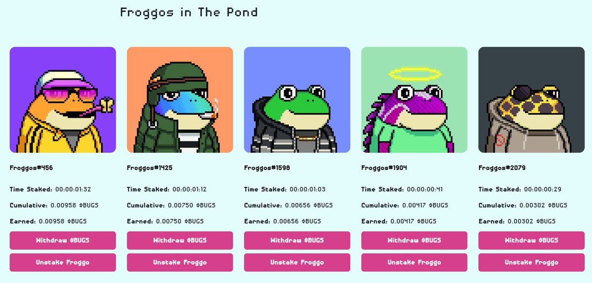 <a href="/FroggosNFT/">Froggos</a> staking is live 🚨

still early here, many didn‘t notice yet 👀

mine are staked - awesome 🔥
#SolanaNFTs