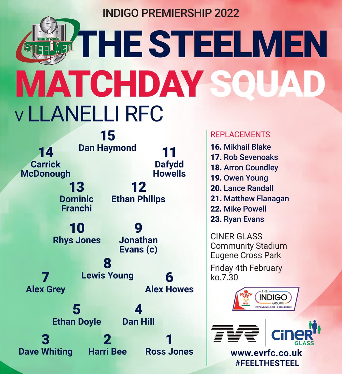 evrfc's tweet photo. Your @evrfc side to take on @LlanelliRFC tomorrow evening @cinerglass Community Stadium 7:30pm in the @IndigoGroupPrem 

Full side here https://t.co/QUqsXkWSWG

🇧🇬🏉 #STEELMEN https://t.co/nUJIUVtmCF