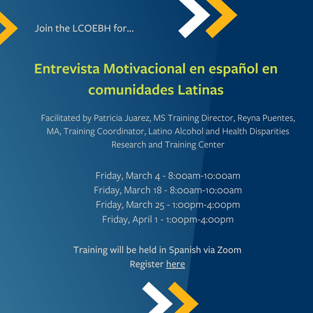 BerkeleyLCOEBH's tweet photo. Spring 2022 training series "Entrevista Motivacional en español en comunidades Latinas." Registration will be capped at 50 registrants so be sure to register soon!

Register here: https://t.co/HszH7EfJ9k https://t.co/o4fBLzQjZZ