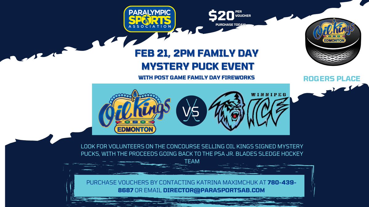 Our Jr. Blades Sledge Hockey team are fundraising to attend the Western Canada Sledge Hockey Tournament! We're selling @EdmOilKings vouchers. Grab a few and come out on Feb 21st for our Mystery Puck event. All proceeds support the only Jr. Sledge Hockey team in #yeg #yegsports