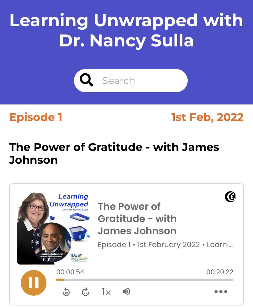 Tanya_IDE's tweet photo. #Gratitude is good for the soul! If you’re not listening to the season debut episode of Dr @nsulla #LearningUnwrapped podcast, you’re missing out. Be inspired by @OpGratitude Major General James Johnson! @OpGratitudeJ2 #GratitudeAttitude ❤️🤍💙 https://t.co/4nIRzwW9D6