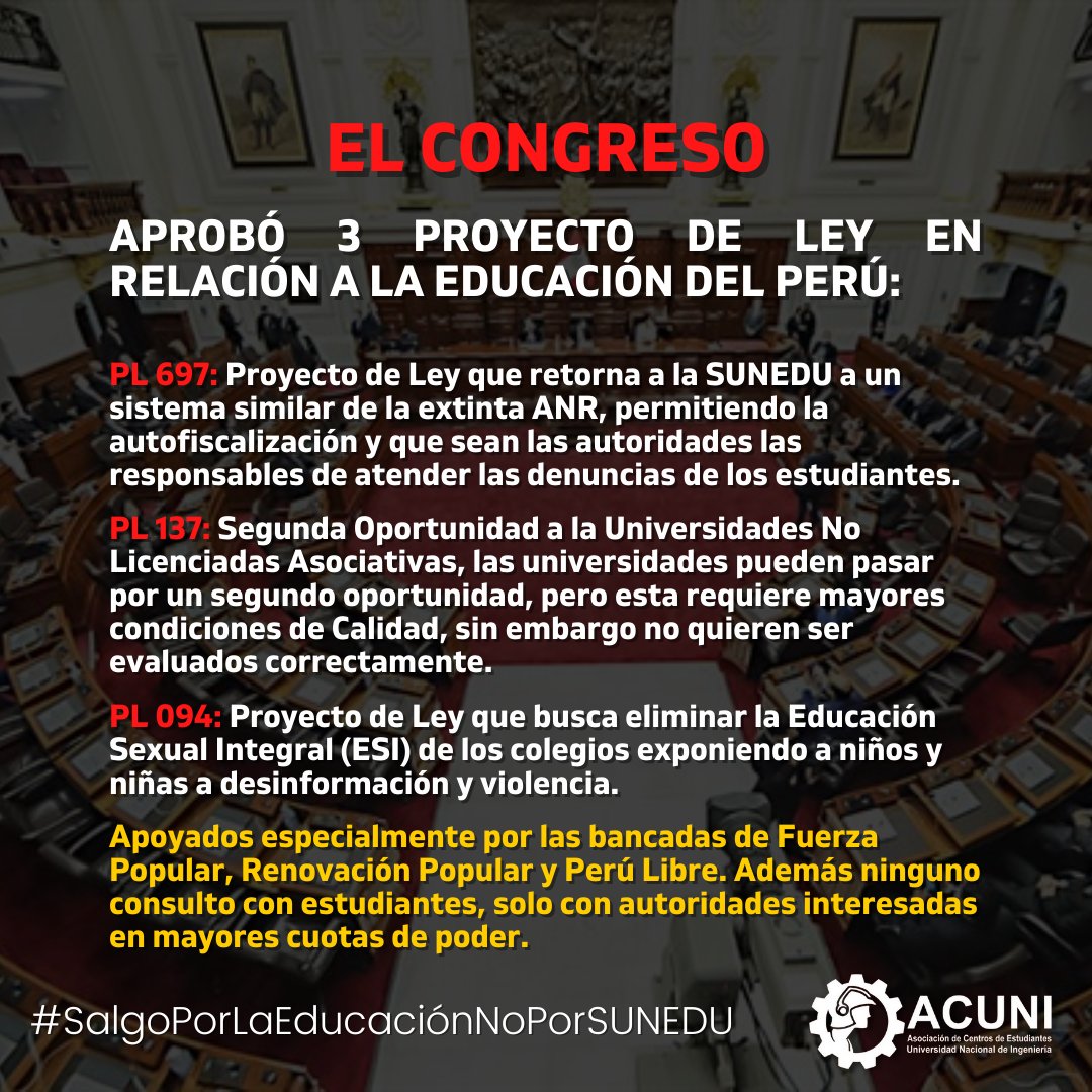 acuni_uni's tweet photo. 🔴#ACUNIInforma | Acerca de la coyuntura en torno a los nuevos Proyectos de Ley aprobados en el Congreso 🧐 https://t.co/93YWnrMfAr