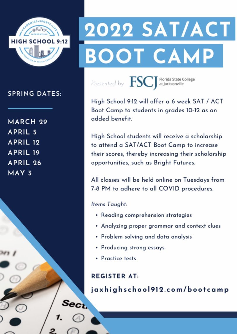 ATTENTION HIGH SCHOOL STUDENTS: FREE TEST HELP📝

Register for our free spring SAT/ACT boot camp presented by <a href="/FSCJ_Official/">Florida State College at Jacksonville</a> by visiting jaxhighschool912.com/bootcamp #sat #act #bootcamp