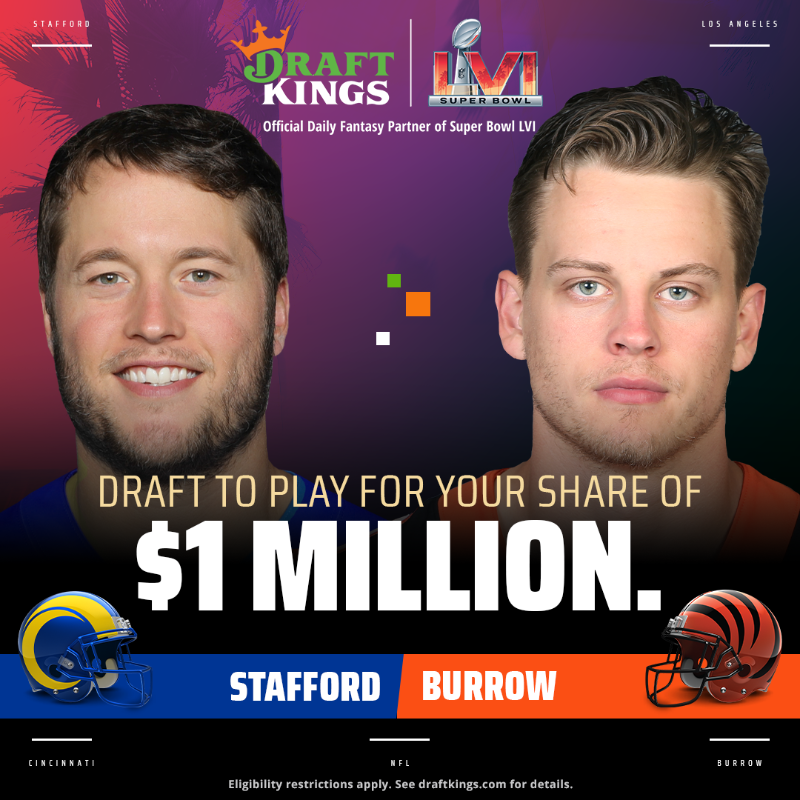 DraftKings's tweet photo. 🚨 STAFFORD OR BURROW 🚨

🏈 Who's your QB? Draft your #SuperBowl lineup to play for your share of $1 MILLION 💰

#DraftKings #NFL