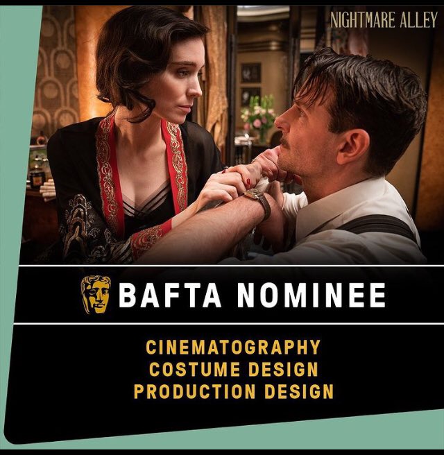 🇲🇽 Guillermo del Toro ha conseguido tres nominaciones técnicas en los próximos <a href="/BAFTA/">BAFTA</a> con la película  Nightmare Alley  (El callejón de las almas perdidas): 
⭐ Mejor fotografía
⭐ Mejor diseño de producción 
⭐ Mejor diseño de vestuario.

📸 #NightmareAlley 

👏👏 <a href="/RealGDT/">Guillermo del Toro</a>