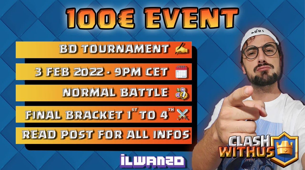 I remind you of the maxi event this evening!
(For all the details, see the previous post)

NOTICE THAT THE FIRST FOUR RANKED ARE ACCESSING THE FINAL BRACKET!
TO GET THE CLAN LINK, WRITE ON TELEGRAM TO: @Samu1912