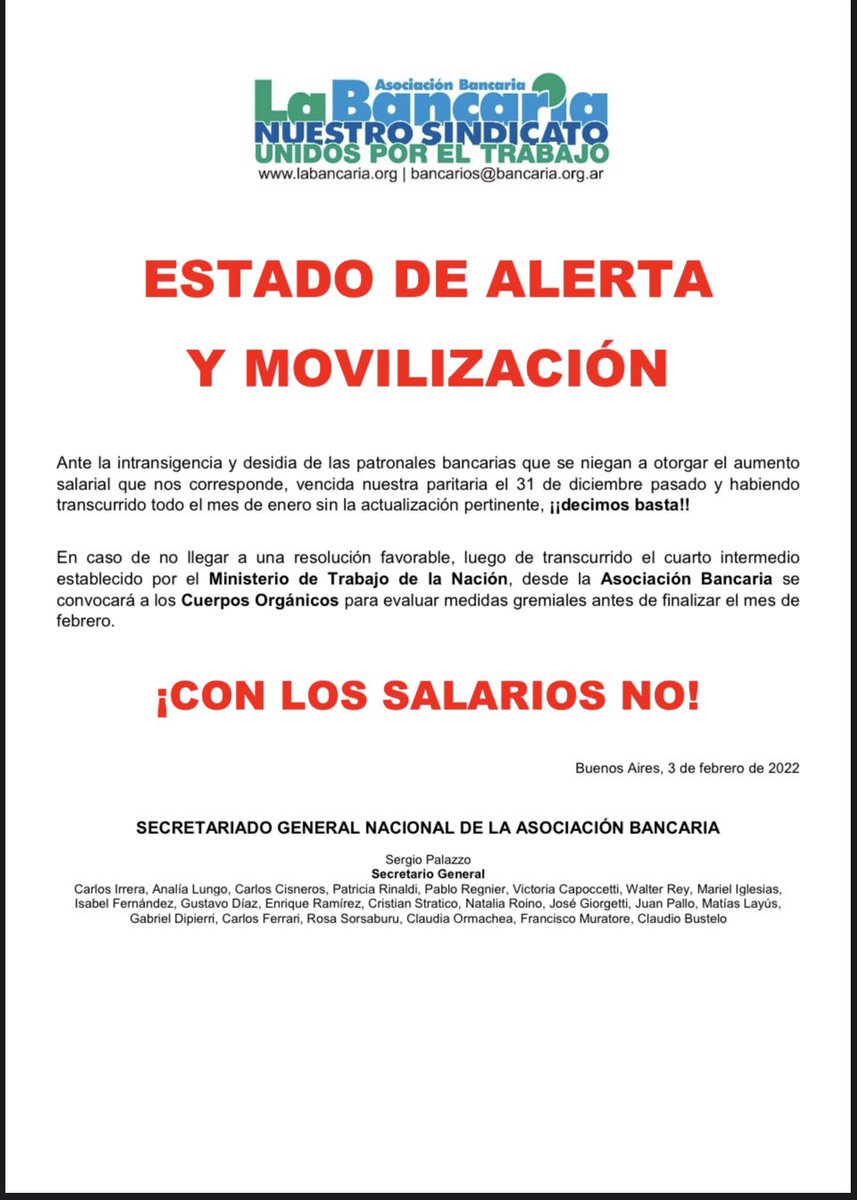 SergioOPalazzo's tweet photo. Una vez más la banca privada, especialmente la internacional, negando los derechos de los bancarios. Se analizarán medidas de fuerza. https://t.co/YLahwLw4Jy