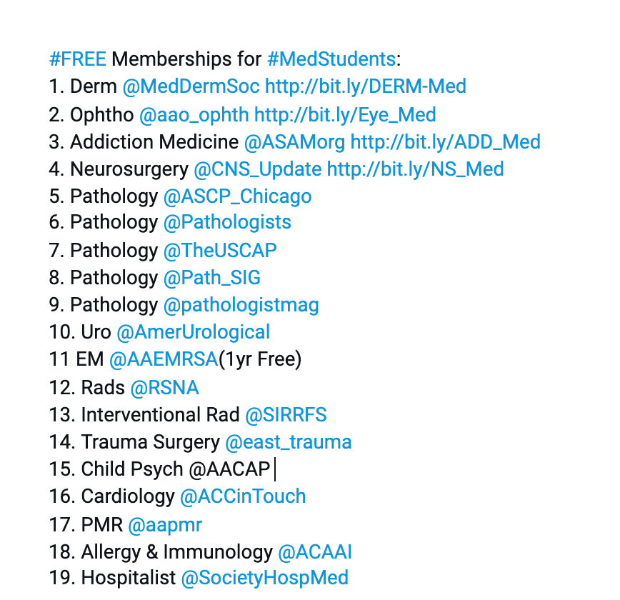 Inside_TheMatch's tweet photo. #MedStudents: Network and Make Connections with #FREE memberships to professional organizations in your areas of interest. Many National, State, and Local Medical Associations offer #free memberships to med students. Below are some that offer free memberships:

#InsideTheMatch https://t.co/qWdiVjpOgE