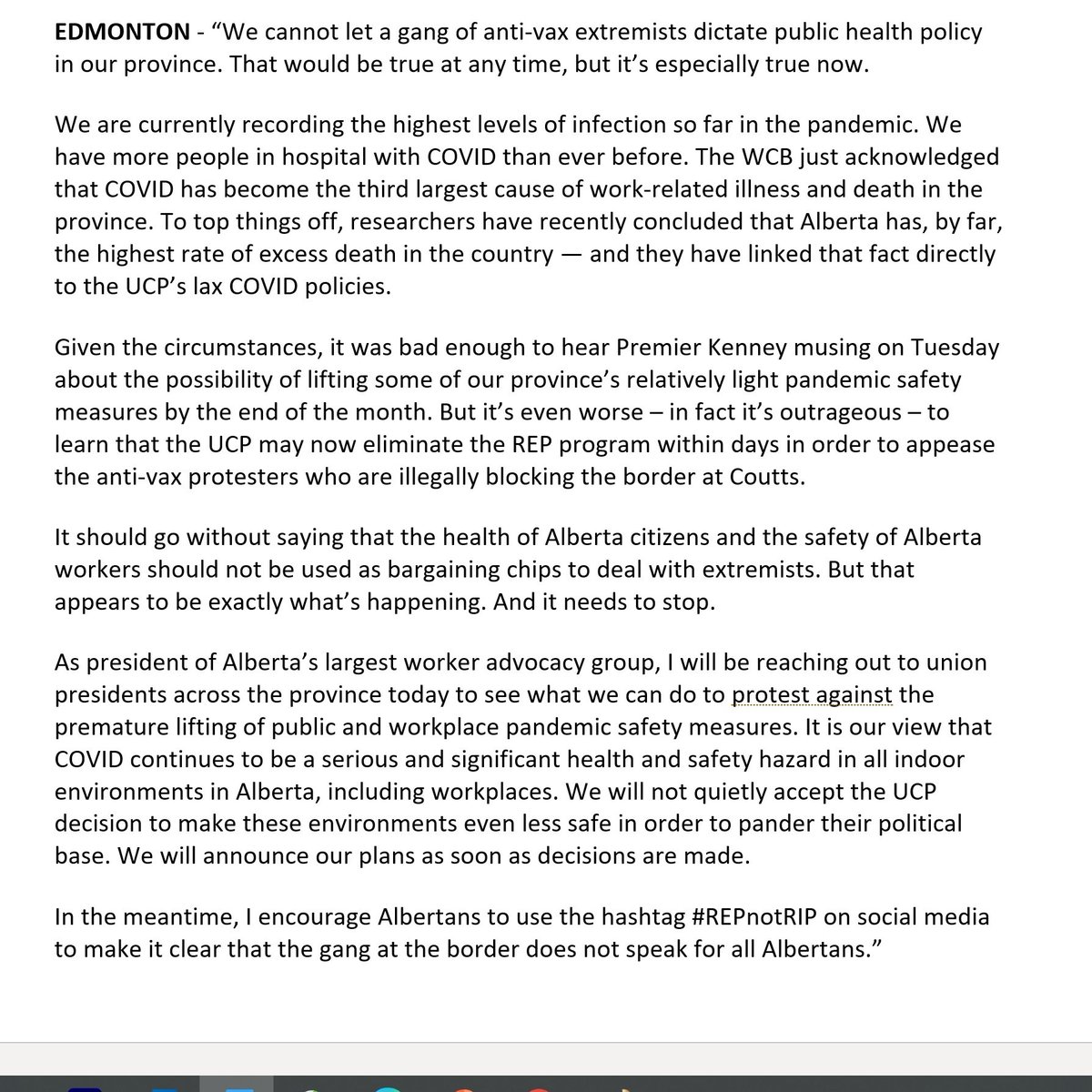 cspotweet's tweet photo. The head of the Alberta Federation of Labour says they will seek ways to protest the looming removal of COVID health measures, and will not quietly accept a move to make working environments less safe.
#yeG #yyc #ableg #Covid19ab https://t.co/9uujRuxdOy