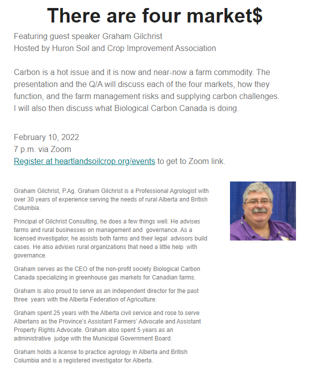 <a href="/HuronSoilCrop/">Huron Soil and Crop</a> invites you to their upcoming Zoom meeting: There are four market$ featuring guest speaker @GTGConsult Graham Gilchrist. 

Find out more and register at heartlandsoilcrop.org/events