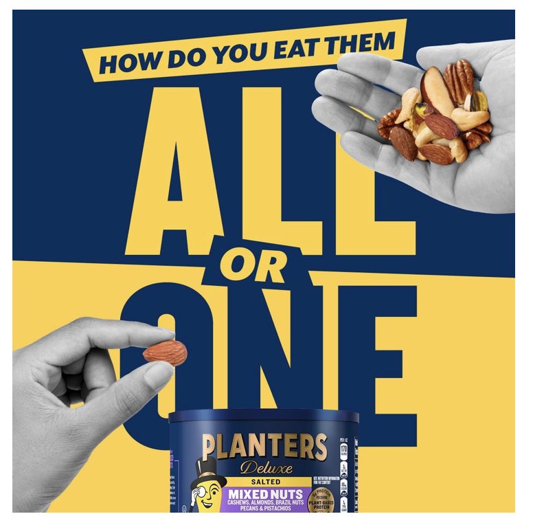 FDarcell's tweet photo. Listeners, how do YOU eat PLANTERS (R) Deluxe Mixed Nuts? All together, or one at a time? Let the internet know with #PlantersAllorOne and @MrPeanut to FEED THE DEBATE! #AD #advertisement https://t.co/6B5lGyZWFz