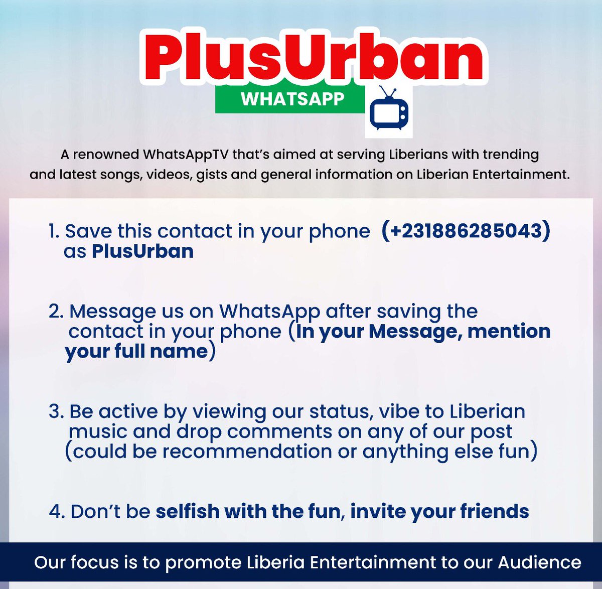 plusliberia's tweet photo. Welcome to PlusUrban!
A renowned WhatsAppTV📺 that’s aimed at serving Liberians with trending and latest songs, videos, gists and general information on Liberia Entertainment. 

Our focus is to promote Liberian entertainment to our audience. 

Click 👇🏾👇🏾👇🏾
https://t.co/ypAwTI87cb https://t.co/UtdeZED4mH