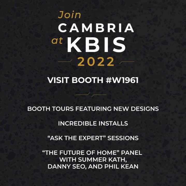 Only a few more days until #KBIS2022 in Orlando. If you are going, please join <a href="/CambriaSurfaces/">CambriaSurfaces</a>. Our booth #W1961 is 🔥🔥🔥 Check it out! bit.ly/3IJldIi