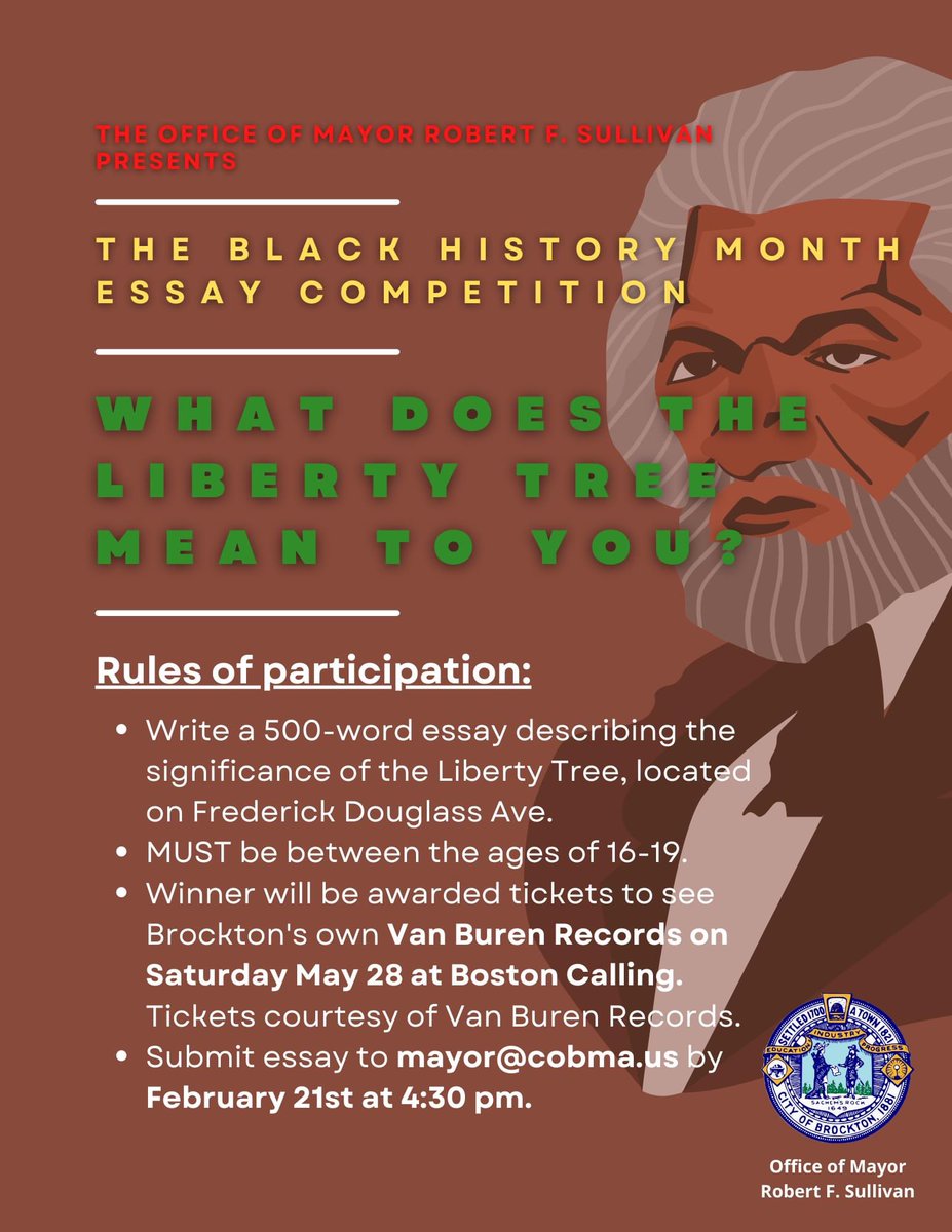 In celebration of Black History Month, the Mayor's Office is hosting a city-wide essay competition for students age 16-19! The winning essay will be the recipient of two tickets to watch Brockton's own <a href="/VanBurenRecords/">VB</a> at Boston Calling on Saturday, May 28th!