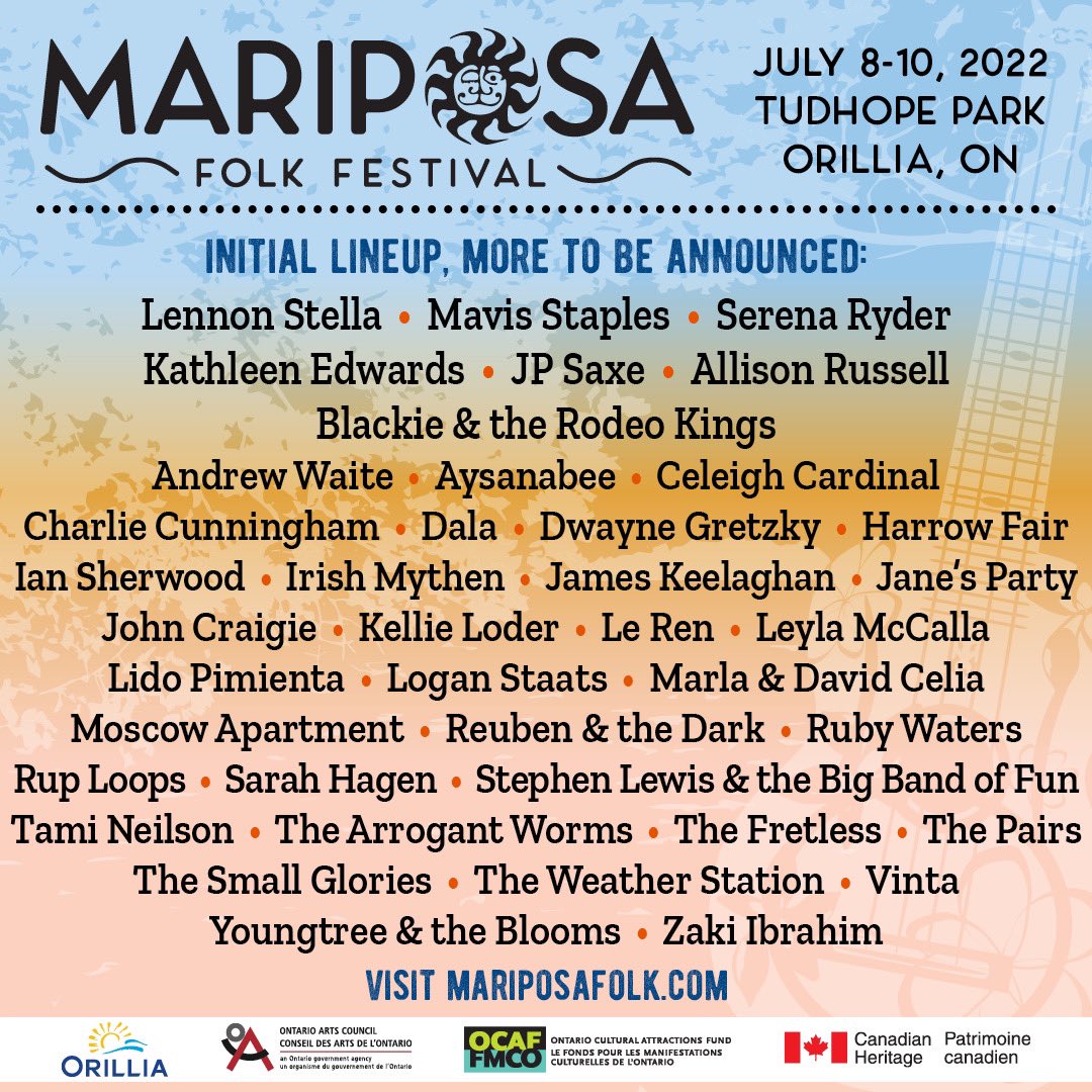 Ok the sun is shining in Orillia <a href="/mariposafolk/">Mariposa Folk Festival</a> July 8-10.
