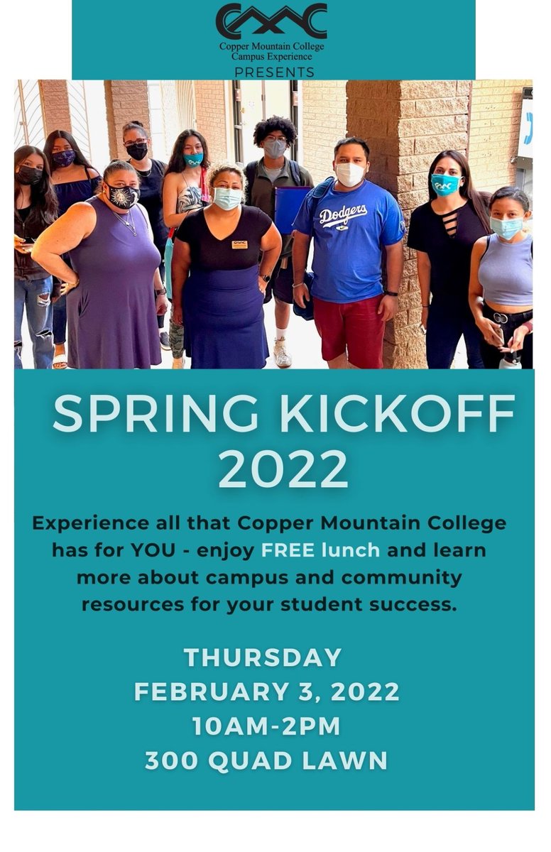 coppermountainc's tweet photo. Come on down and visit our table between 10 AM - 2PM for the Spring Kickoff 2022 including a robust resource fair, tacos, music &amp; FUN Encourage students to stop by! #CMCStudents #IGotMyStartAtCMC #Spring2022 #CollegeEducation #StayCloseToGoFar #CMCFoundation #CMC https://t.co/TZ7LD8hWGY