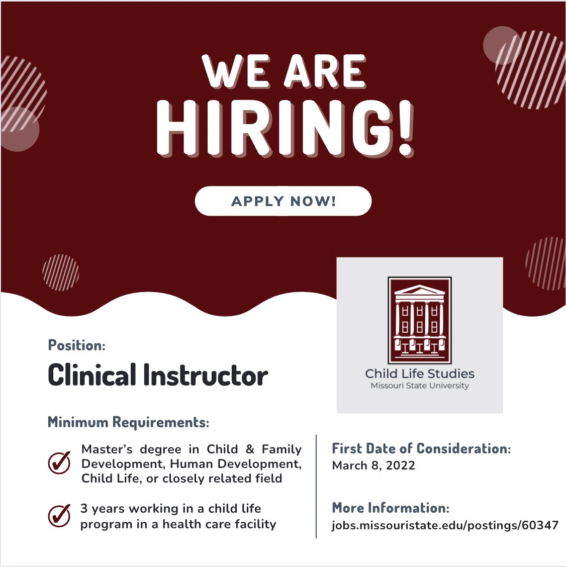 🗣 Calling all Certified Child Life Specialists:

We’re so excited to invite you to become a part of our Child Life Studies community! 

Click the link in our bio for more detailed information and/or to apply. We can’t wait to meet you!
 
#childlifespecialist #childlife #ccls