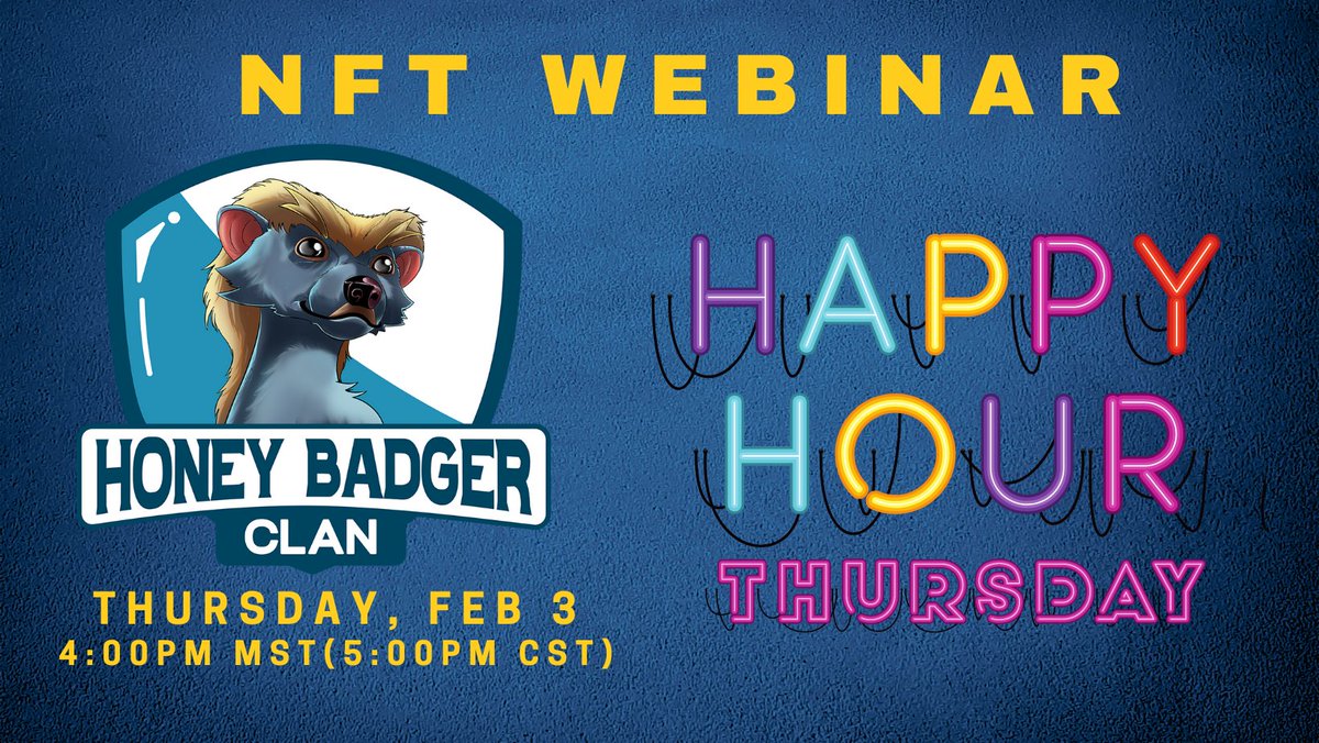 HoneyBadger_NFT's tweet photo. Don't Forget To Bring A #Drink To Our HBC #HappyHour! Meet The Team &amp; Ask Us Anything.
https://t.co/Nsi8j3E32m
#NFT #NFTs #NFTCollection #NFTGiveaway #NFTDrop #LearnNFT #AMA #Q&amp;A #Webinar #NFTWebinar https://t.co/zUfvIeO4NY