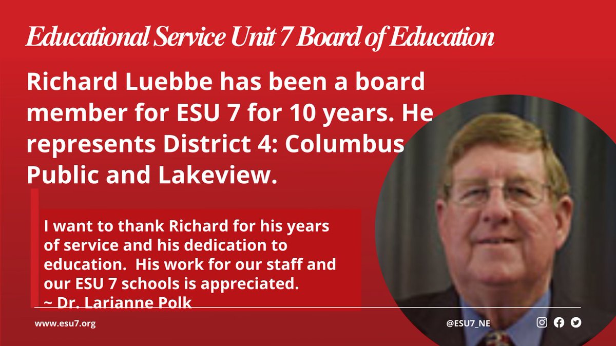 ESU7_NE's tweet photo. ESU 7 would like to recognize our amazing board members during Board Recognition Week. Thank you Richard Leubbe!
#LeadServeSupport #esu7 #7WeAreFamily https://t.co/OhF2oMtzKf