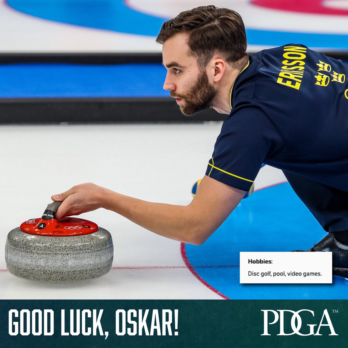 PDGA's tweet photo. 🥌 🤝 🥏

Good luck to Oskar Eriksson, PDGA No. 189658, as he competes on the Sweden Olympic curling team! 🇸🇪 https://t.co/6mOzH53zvH 

#Beijing2022 #Olympics #discgolf | 📸: SWEOlympic / Twitter https://t.co/f7KtKcADS1