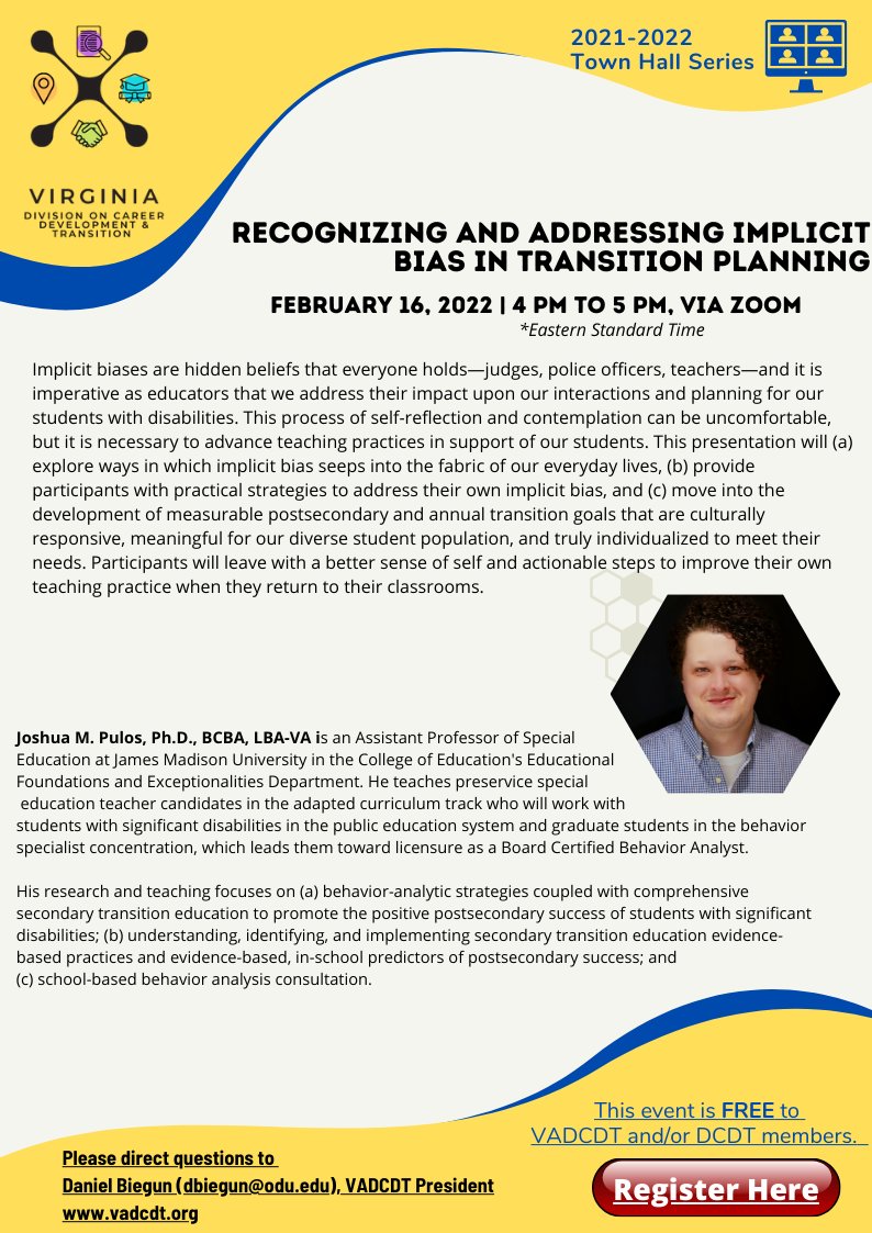 vadcdt's tweet photo. February is full of love, and we love learning! Join us to learn about the intersection of implicit bias and transition planning. #JoinVADCDT https://t.co/QiuECv3KtD