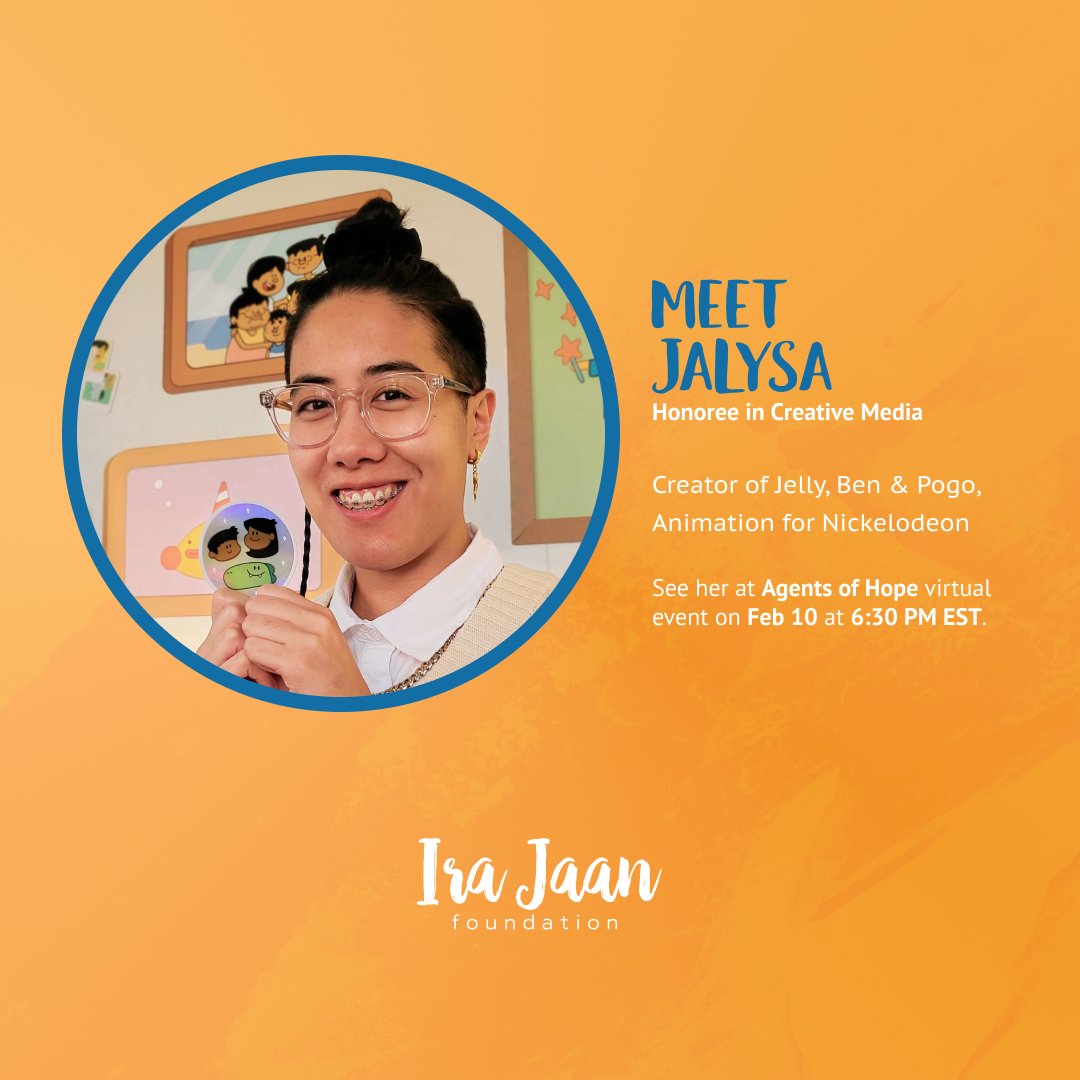 Meet #AgentofHope, honoree, and panelist Jalysa Leva! She is the creator and director of the @PBSKIDS animated shorts series #jellybenandpogo. Join her on Feb 10th @ 6:30pm EST at the Agents of Hope #virtualevent! Register: event.irajaan.org

#improvingeducation #Leader 🇵🇭