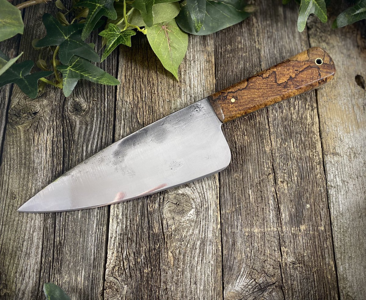 DiplomaticArrow's tweet photo. Cook knife - is made with 80crv2 high carbon steel, 1/8” spine thickness, 10.75” overall length with a 6.25” insanely wicked sharp edge! The handle material is stabilized spalted pecan with some brass pins to match! 
- NOT AVAILABLE -  Books are open though!
Thanks for looking! https://t.co/rhLmjzD9tL