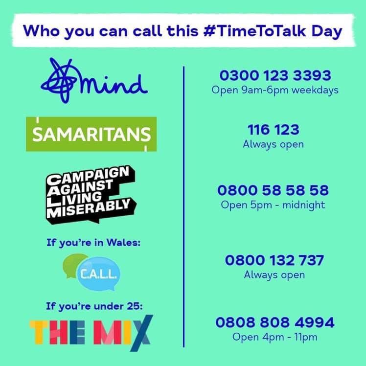 #TimeToTalkDay2022 Numbers to call if you’re struggling! #TimeToTalk #MentalHealthAwareness