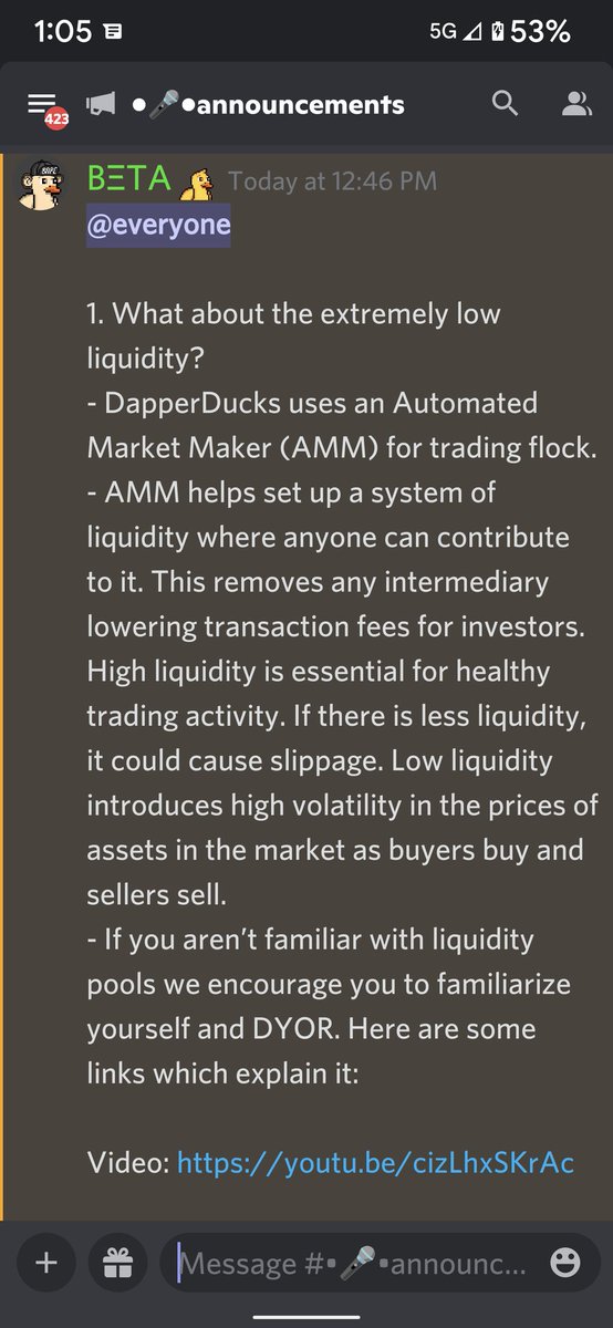 QU4Xnft's tweet photo. Please check out our latest announcement in the discord it has a lot of information on the biggest changes coming to Dapper Ducks.

Also 10pm EST we are having a chat / ama with @_whymidnight to talk about staking. 

All good stuff coming to Dapper Ducks!

Keep on Quacking!! https://t.co/D44uix8ENs