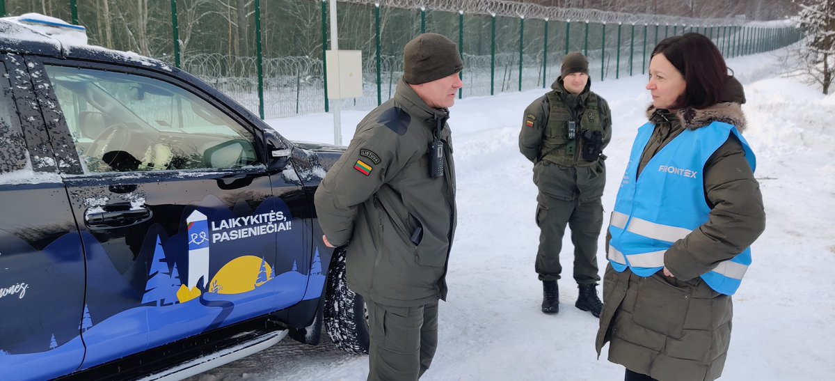 Frontex's tweet photo. This week #Frontex Deputy Executive Director Aija Kalnaja visited the operational area in Lithuania, where she met deployed #EUstandingcorps officers and spoke to Lithuanian authorities about the current situation on the ground https://t.co/y9z6NOTPWf