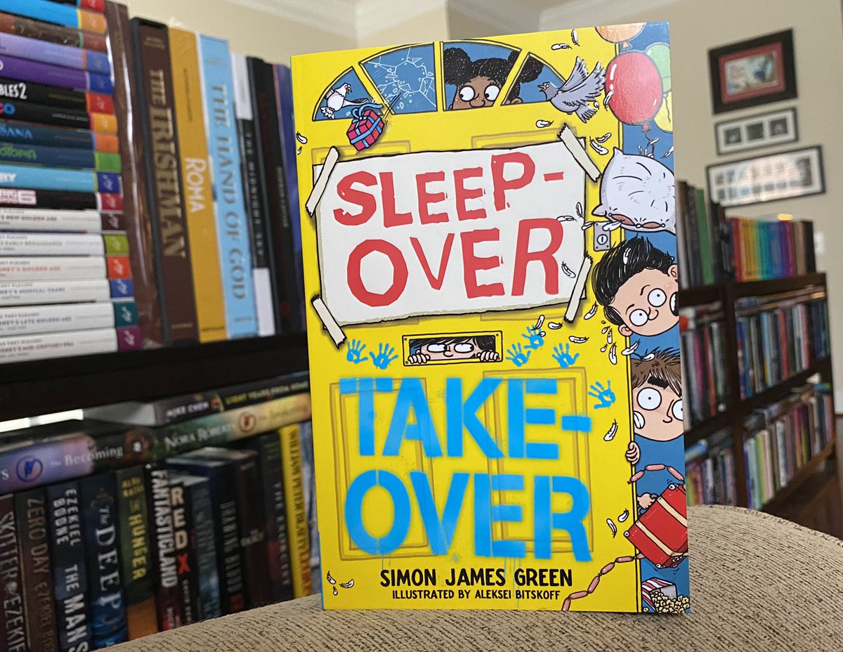DPPJ's tweet photo. Dear @simonjamesgreen - Why are your books so terrific!? #SleepoverTakeover had me laughing out loud repeatedly. A tween take on “The Hangover” without the toxic masculinity. I truly loved these characters and hope to meet them again in a possible future sequel.🤞🏻 BWARK! 💛📚🏳️🌈 https://t.co/fUOeiK2TzA