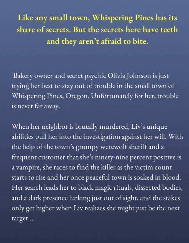 sophiebarlowe's tweet photo. @Corinalee74 My first book released last week on Amazon! It’s a small town urban fantasy with a psychic bakery owner and a werewolf sheriff teaming up to solve a series of murders 🌲🐺🔮🔍

https://t.co/WVY020DeKL https://t.co/ZGwAm2gxTN