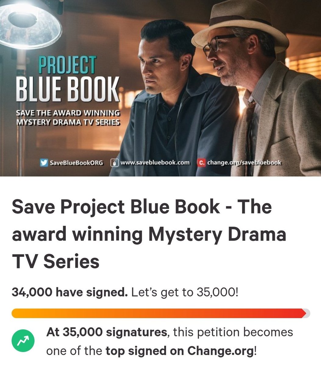 SaveBlueBookORG's tweet photo. Here's to 34,000 signatures for the #SaveBlueBook petition. Keep spreading the enthusiasm for our favorite TV show #ProjectBlueBook 🕵🏻👽🛸
👉🏻 https://t.co/NhIthLGbUn
👉🏻 https://t.co/vnrutjPqhO 
/CK https://t.co/Wrk9QKHUdi