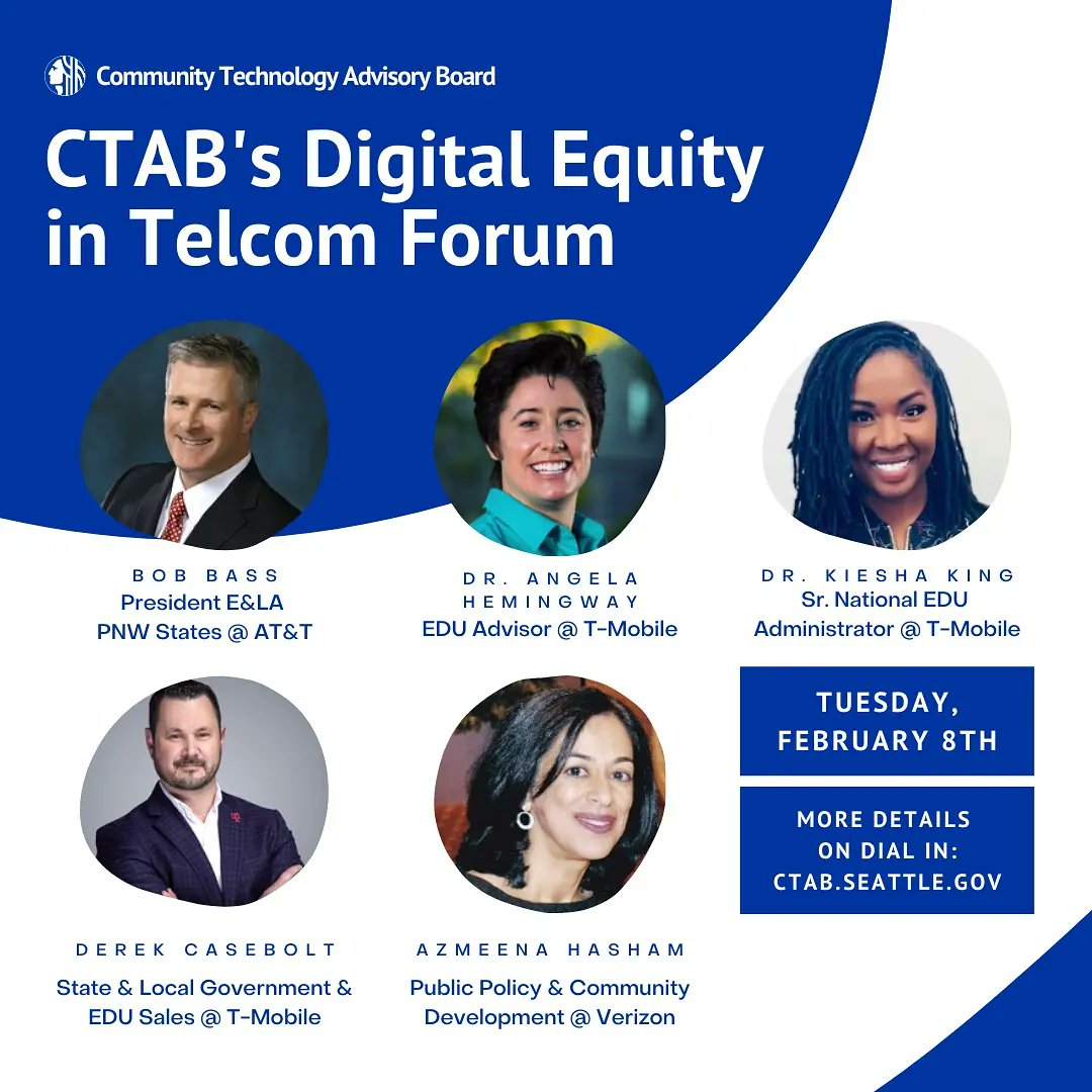 SeaTechBoard's tweet image. The February meeting features a Digital Equity in Telecom Forum ✨🤳✨

CTAB&apos;s Digital Equity in Telecom Forum will bring together telecom providers @ATT, @TMobile, and @Verizon to share details on their digital equity strategy, community benefit programs, and the impact.