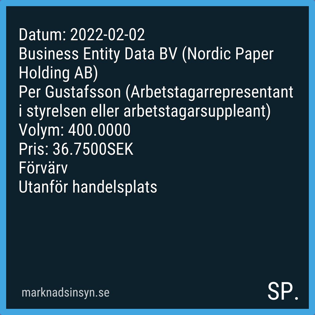 svenroed's tweet image. Få SMS via marknadsinsyn.se. Datakälla: FI Insynshandel. #nordicpaper #SE0014808838 $npaper nordicpaper