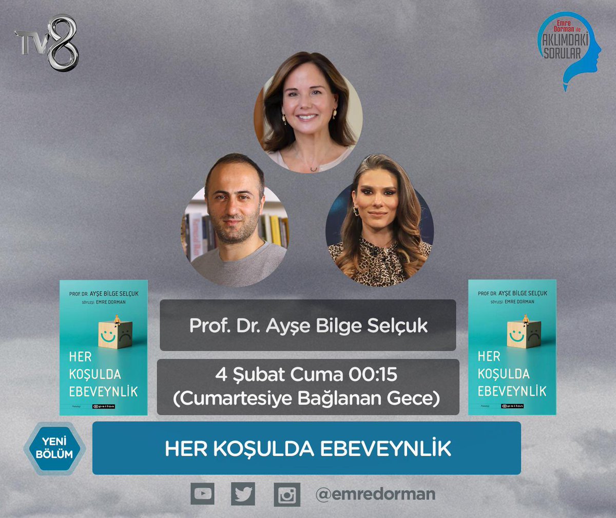 Aklımdaki Sorular’ın bu haftaki yeni bölümünde gelişim psikoloğu Ayşe Bilge Selçuk hocamız ile Her Koşulda Ebeveynlik kitabı üzerine konuşacağız. Çocuk gelişimine ve ebeveynliğe dair sorularınıza cevaplar için Cuma gecesi (Cumartesi’ye bağlanan gece) 00:15’de TV8’de olacağız.