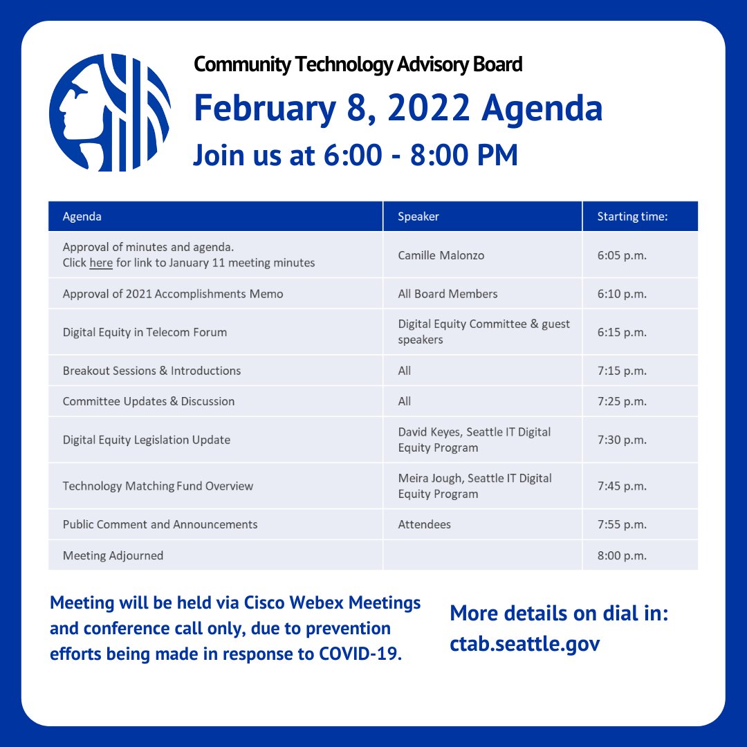 SeaTechBoard's tweet image. Please join our monthly CTAB meeting Tuesday, 2/8 from 6-8pm PST. We have a packed agenda and will be having an amazing telecom 🤳 forum too. More details to join and see our full agenda at: ctab.seattle.gov

We hope to see you there!

#CTAB2021 #seattle #civictech