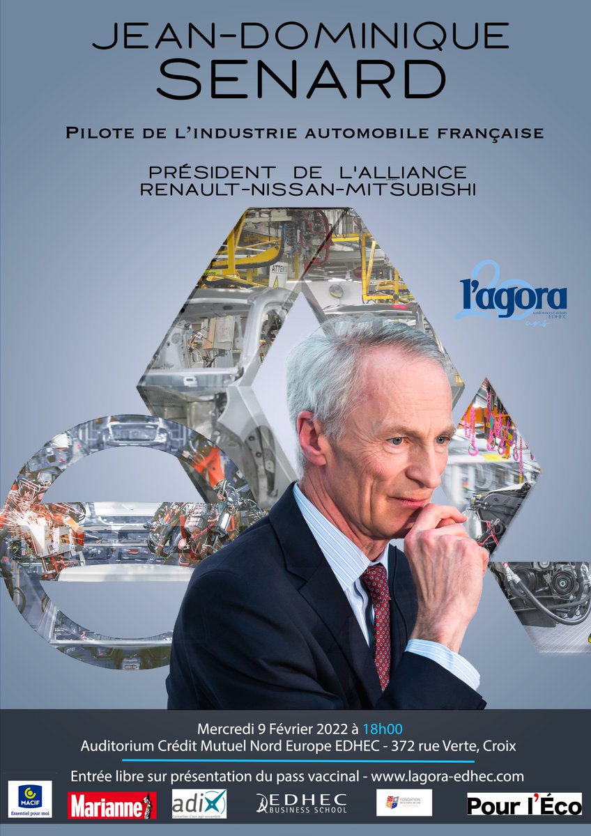 LAgoraEdhec's tweet photo. L’Agora recevra Jean-Dominique Senard, Président de l'alliance Renault-Nissan-Mitsubishi, le mercredi 9 février à 18h sur le campus de l’@Edhec_BSchool.

#entreprise #Industrie https://t.co/ISBFiXy3Pa