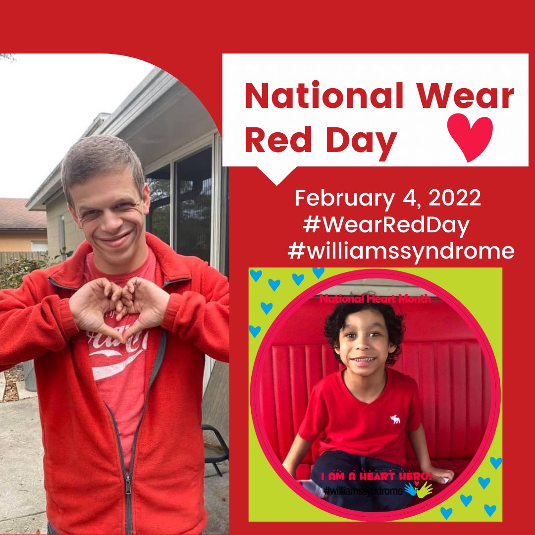 Tomorrow is the day to Wear Red! Feb is Heart Month: 75% of people with WS have some form of cardiovascular challenge, and many experience heart surgery. Show your support! #wearredday #CHD #williamssyndrome