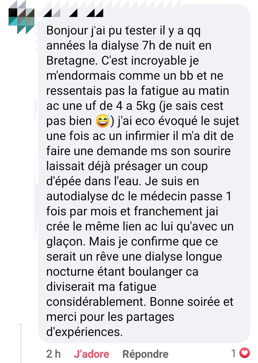 LMDSlefilm's tweet photo. TÉMOIGNAGE 🤩
L'hemodialyse longue nocturne, le meilleur témoignage 👇
Toujours Adapter la modalité #dialyse au projet de vie des patients.
Le patient est dans la métropole Bordelaise, @ChristianCombe @yannbubien @ARS_NAquit un projet dans ce sens à Bordeaux ? #aurad #chu #pbna https://t.co/eFea8E7fMQ
