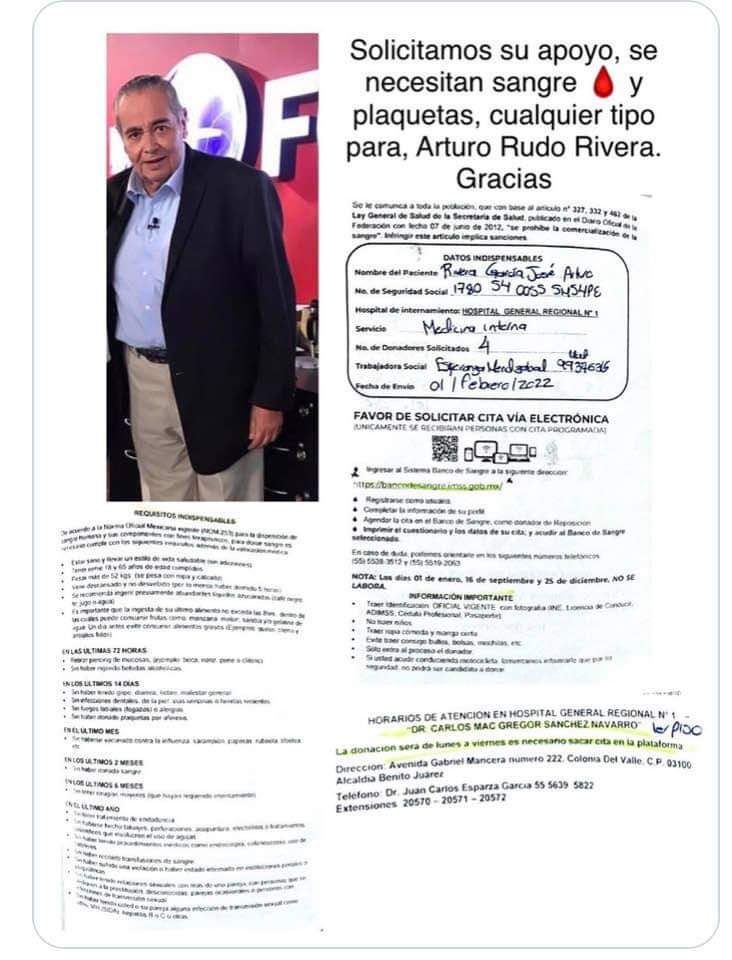 Se solicita sangre y plaquetas para Arturo ‘El Rudo’ Rivera 
#ArturoRivera