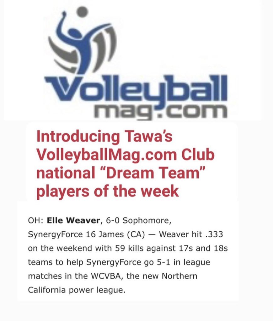 ElleWeaver9's tweet photo. Thank you for the recognition @VBMagazine!!!  I have great teammates &amp; coaches! @SynergyForceCA https://t.co/4XDx9XaTzT