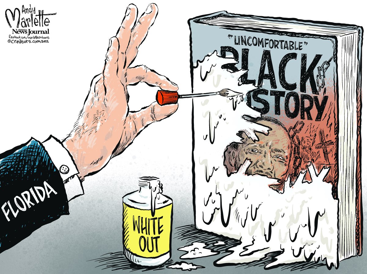 AndyMarlette's tweet photo. #Florida cartoon: @GovRonDeSantis and the @FloridaGOP put their mark on #BlackHistoryMonth with law that would ban education that might cause white kids "discomfort"... https://t.co/R2AWTuglqm