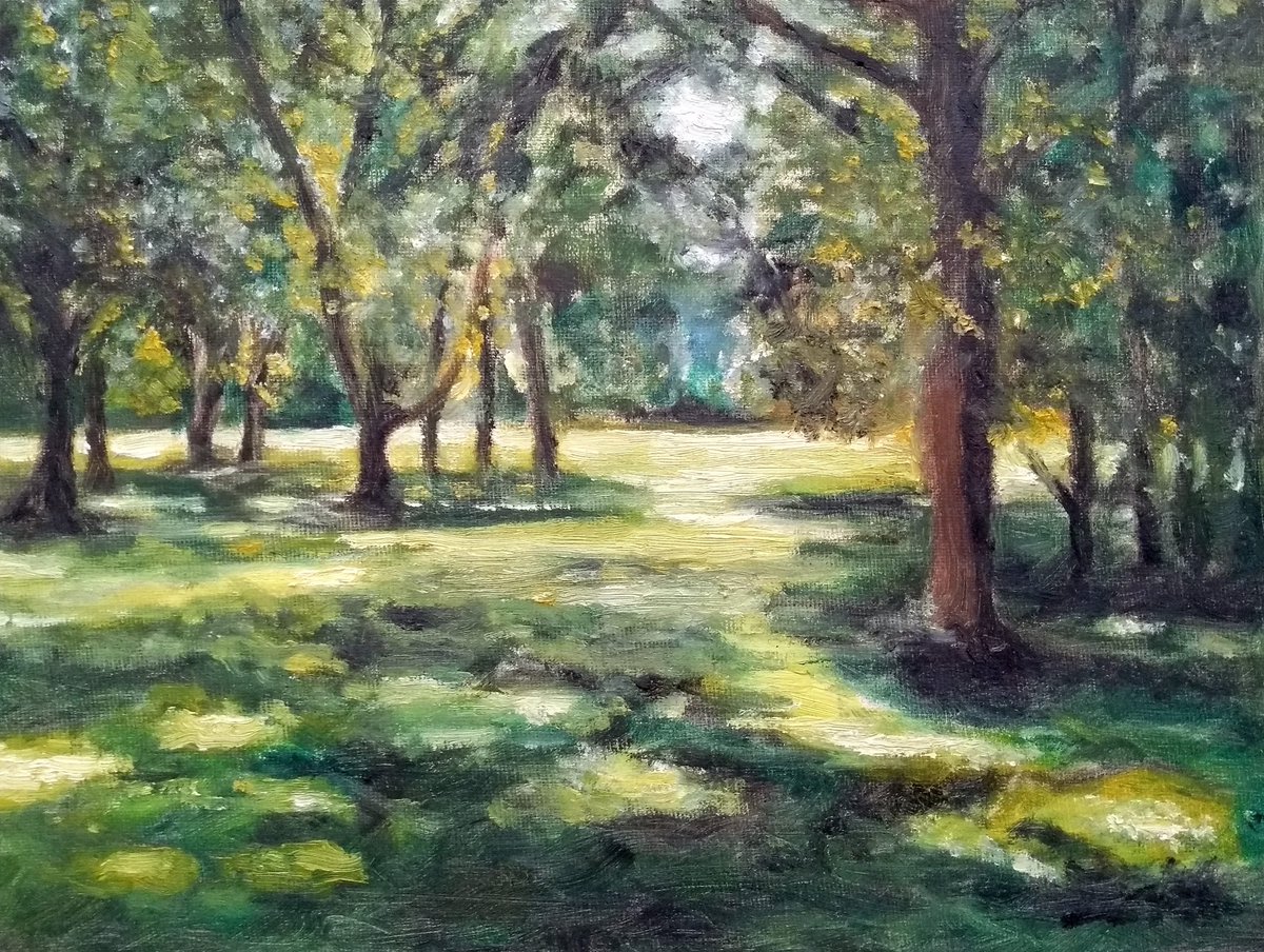 "In the Deep Shade", landscape painted from a photo taken during lockdown 2020 on a walk in Willesley Wood.

Oil on board, 9" x 12".

#oilonboard #oilpainting #landscape #landscapepainting #landscapeartist #artistsontwitter #oillandscape #oillandscapepainting