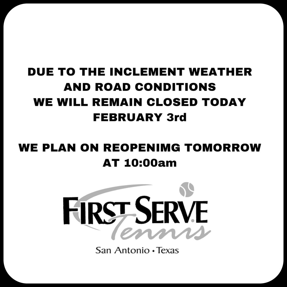 firstservesatx's tweet photo. Stay safe and STAY WARM! Hope to be back to normal hours tomorrow. BRING ON THE SPRING TENNIS WEATHER!! #FirstServeTennis #sanantonio #sanantoniotennis https://t.co/KmnbrMJLEI
