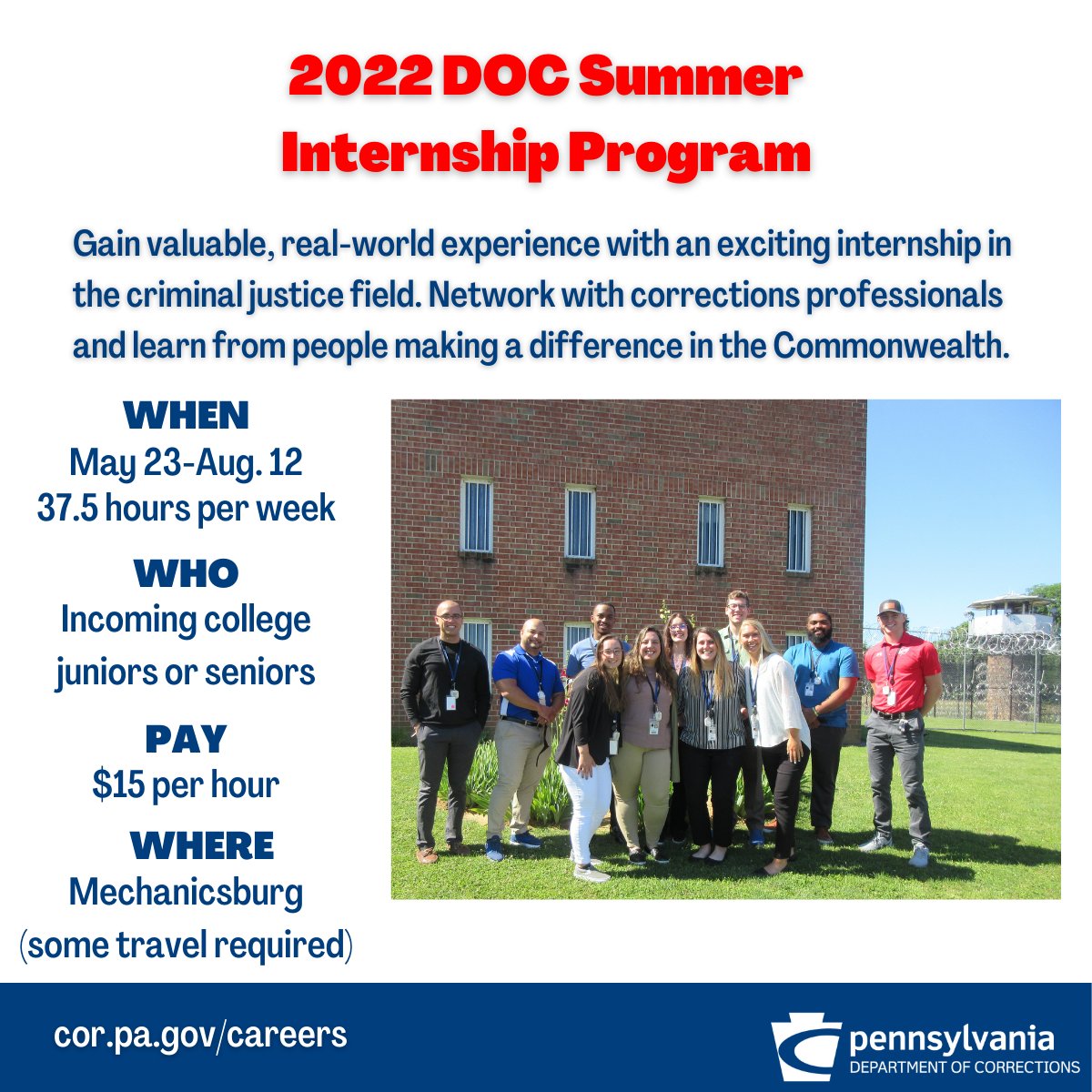 📢Calling Criminal Justice Students:
 
We are currently accepting applications to our 2022 #internship program, which will provide the opportunity to visit DOC facilities throughout PA and network with individuals in the criminal justice field.
 
Apply: bit.ly/3sfNwr3