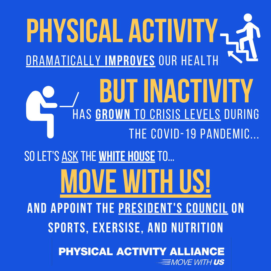 Join <a href="/PAAmovewithUS/">Physical Activity Alliance</a> in asking <a href="/POTUS/">President Donald J. Trump</a> and  the <a href="/WhiteHouse/">The White House</a> to prioritize #physicalactivity &amp; appoint an Executive Director to the President's Council on Sports, Fitness, and Nutrition. #MoveWithUS