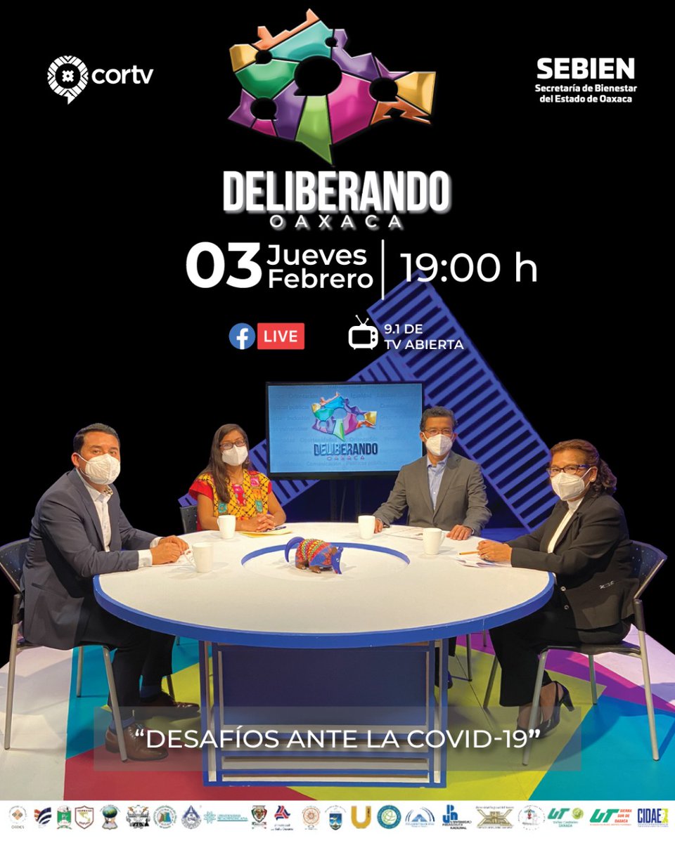 DeliberandoO's tweet photo. No te pierdas hoy el programa #Deliberando, donde analizaremos el tema: “Los desafíos de la COVID-19", con la participación de representantes de la @URSEOaxaca, @TecNMTlaxiaco y  la @UABJO.

🗓3 febrero
⏰19:00 hrs por @cortv 
 
#FacebookLive https://t.co/HE6Pq7RSGH